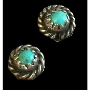 Vtg Navajo 6.5 mm Sterling Silver Turquoise Rope Bezel Round Stud Earrings 925
